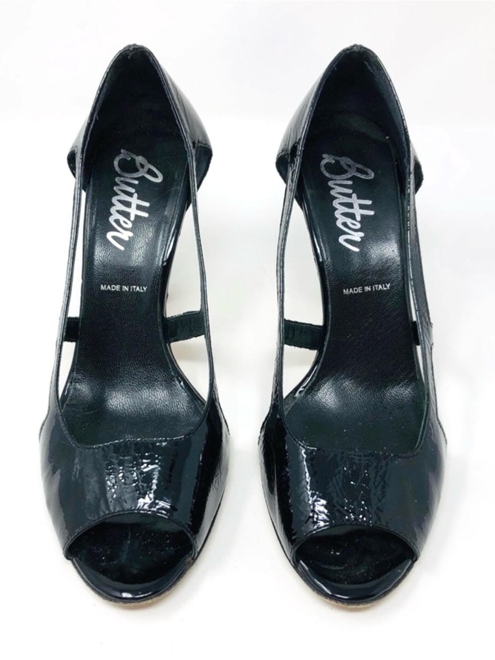 BUTTER crinkled black patent leather heels, made in Italy, size 8